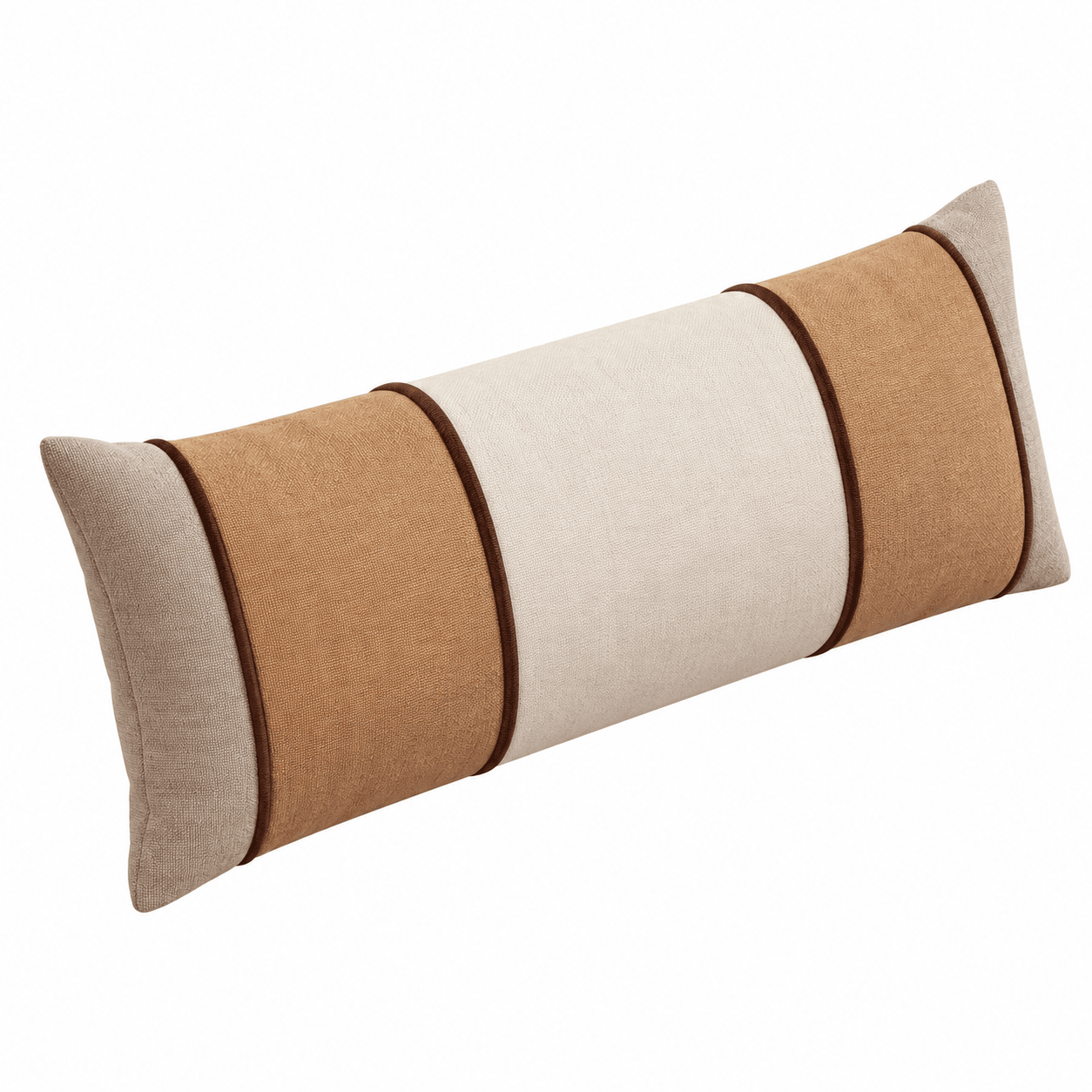 An elongated bolster pillow featuring a multi-tone, striped design with distinct horizontal color blocks. The ends are light beige, followed by warm tan sections, and an off-white central panel. Each color transition is delineated by thin, dark brown piping. The pillow's exterior has a textured fabric finish. — 3D model