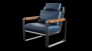 A modern lounge chair featuring a polished tubular steel frame, deep blue leather upholstered cushions for the seat, backrest, and headrest, and wooden armrest caps. — 3D model