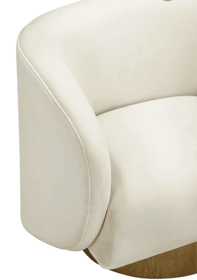 A contemporary barrel swivel armchair featuring a deeply curved, enveloping form upholstered in a cream-colored fabric, supported by a circular wooden plinth base. — 3D model