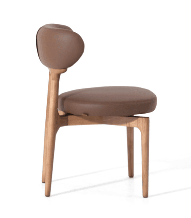 A contemporary chair with a wooden frame and upholstered seat and backrest. The frame has a natural wood finish with visible grain. The seat and backrest are upholstered in brown leather, featuring a smooth texture and rounded edges. — 3D model