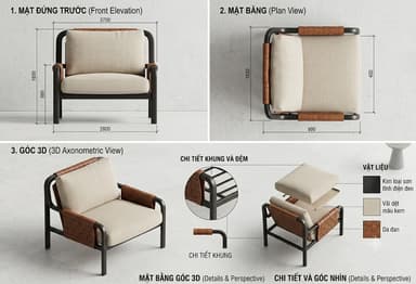 A modern armchair featuring a sleek, dark-colored tubular metal frame. It is fitted with thick, light beige fabric seat and back cushions. The armrests and the upper backrest are adorned with distinct woven brown leather straps, providing both aesthetic detail and structural support. The chair exhibits a clean, minimalist design ideal for contemporary interiors. — 3D model