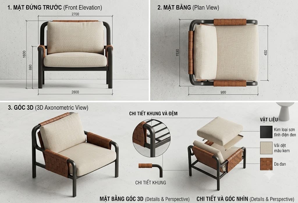 A modern armchair featuring a sleek, dark-colored tubular metal frame. It is fitted with thick, light beige fabric seat and back cushions. The armrests and the upper backrest are adorned with distinct woven brown leather straps, providing both aesthetic detail and structural support. The chair exhibits a clean, minimalist design ideal for contemporary interiors. — 3D model