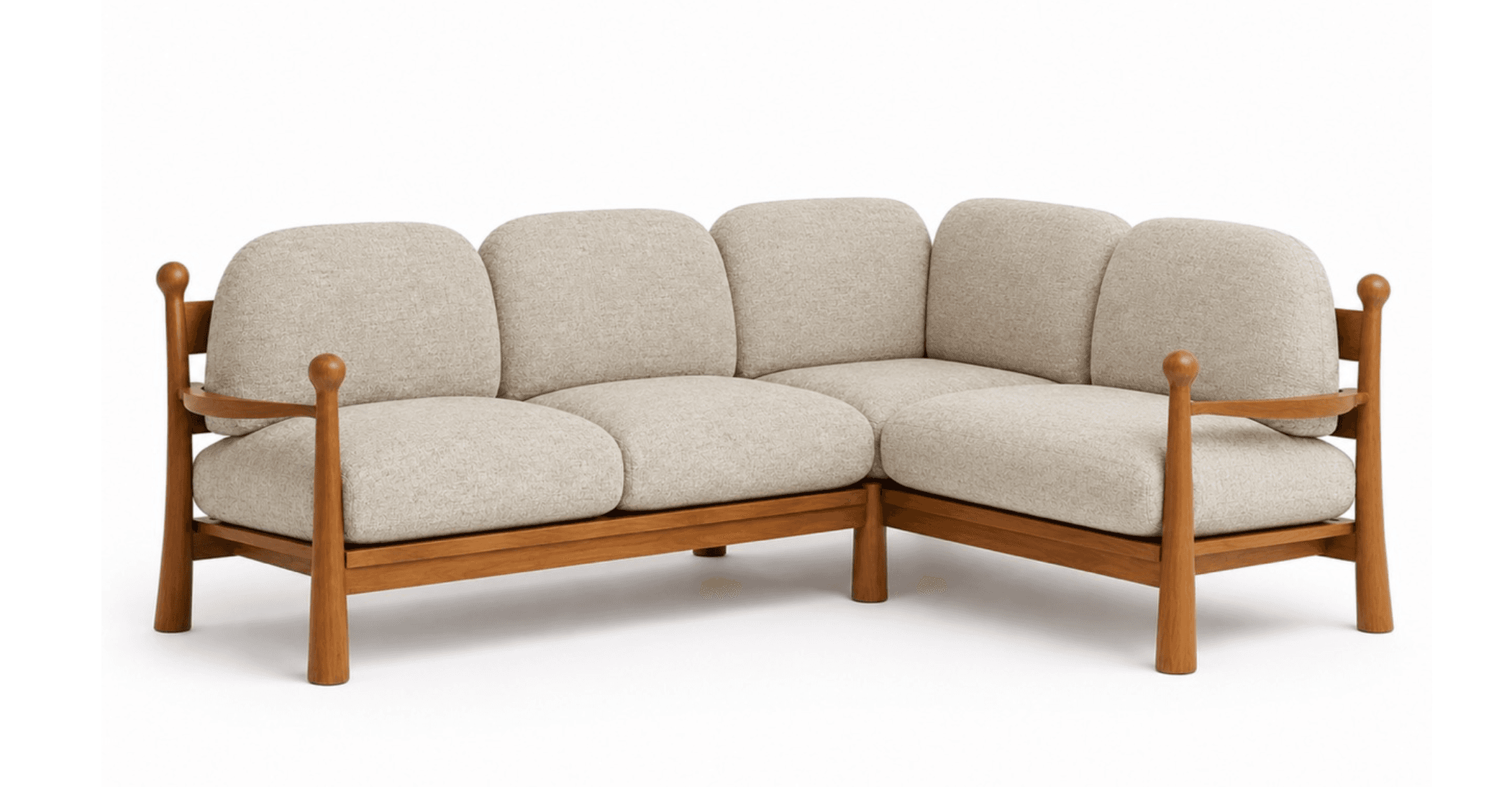A light-colored modular corner sofa featuring an exposed wooden frame and rounded, turned wood details. The sofa is composed of multiple upholstered sections, including a corner piece, forming an L-shaped configuration. It has four individual back cushions and four seat cushions, all in a light, textured fabric. The solid wood frame is visible around the base and forms the armrests, which feature distinctive spherical finials on the uprights. — 3D model