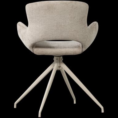 A modern upholstered swivel accent chair featuring a sculpted, bucket-style seat with integrated armrests. The chair is covered in a light, textured fabric and is supported by a four-leg splayed metal base finished in a matching light color. The design emphasizes comfort and contemporary aesthetics. — 3D model