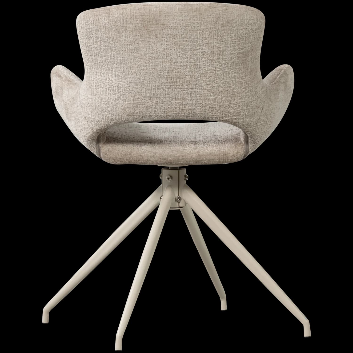 A modern upholstered swivel accent chair featuring a sculpted, bucket-style seat with integrated armrests. The chair is covered in a light, textured fabric and is supported by a four-leg splayed metal base finished in a matching light color. The design emphasizes comfort and contemporary aesthetics. — 3D model