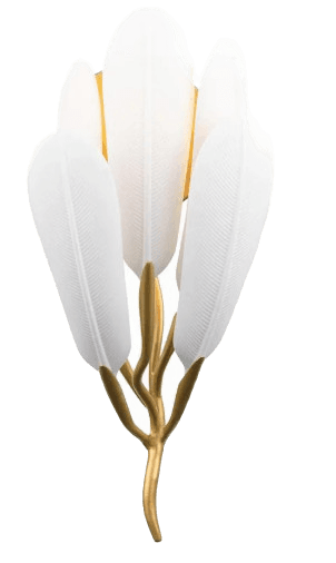 A decorative wall sconce designed to resemble a cluster of stylized feathers or leaves. The main body features multiple white, elongated elements with textured lines, possibly made of frosted glass or plastic, fanning outwards from a central golden stem structure. The stem is multi-branched, with a curved, organic form. The sconce appears to be designed for illumination, with internal light sources likely situated behind the white elements. — 3D model