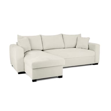 An L-shaped sectional sofa with a chaise lounge extension, upholstered in a light cream-colored, textured fabric. The sofa features clean lines, thick seat cushions, and loose back cushions, along with two accent pillows. It stands on short, dark-colored block feet, giving it a modern and low-profile appearance. The overall design is minimalist and contemporary, offering ample seating for a living space. — 3D model