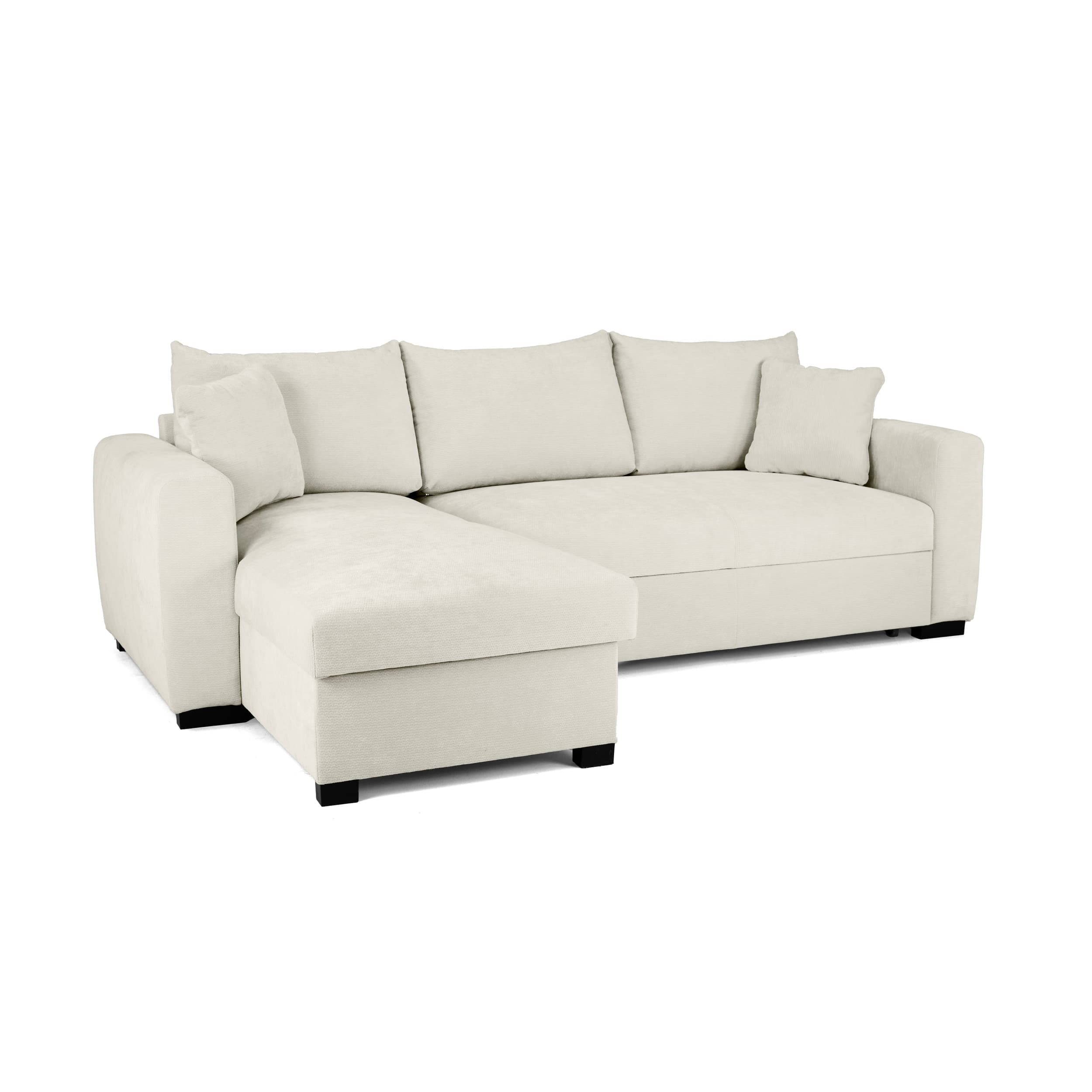 An L-shaped sectional sofa with a chaise lounge extension, upholstered in a light cream-colored, textured fabric. The sofa features clean lines, thick seat cushions, and loose back cushions, along with two accent pillows. It stands on short, dark-colored block feet, giving it a modern and low-profile appearance. The overall design is minimalist and contemporary, offering ample seating for a living space. — 3D model