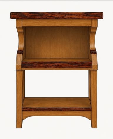 A small, two-tiered wooden stand featuring a distinctive slanted top. The top surface and the trim around the two open shelves are crafted from a darker, richly-grained wood, contrasting with the lighter, medium-toned wood of the main structure. The design incorporates elegant S-curve cutouts on the side panels supporting the upper shelf. The overall aesthetic suggests traditional craftsmanship. — 3D model