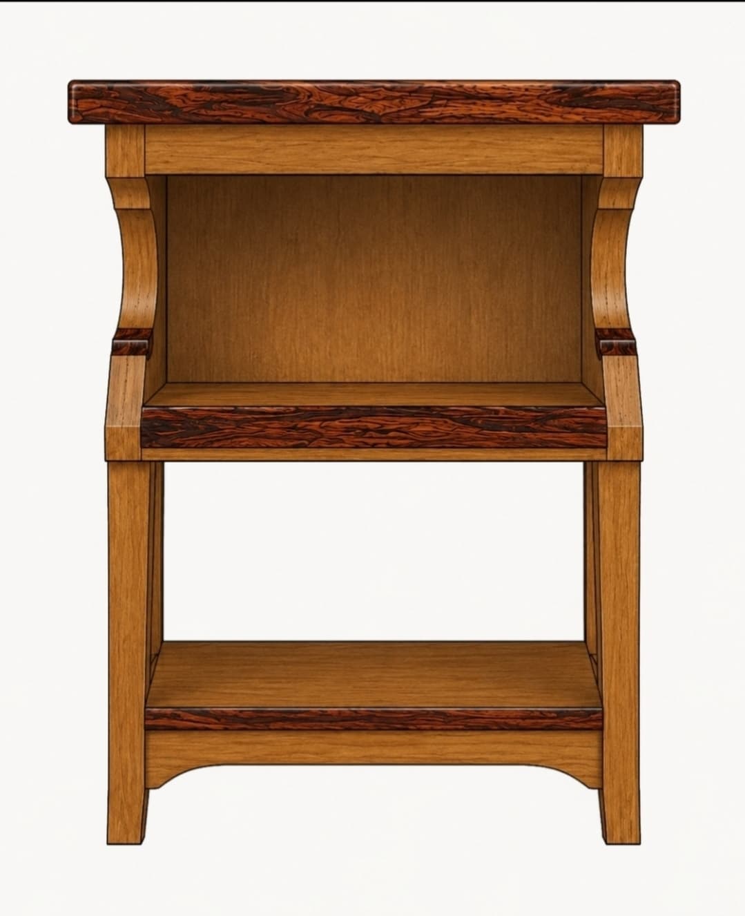 A small, two-tiered wooden stand featuring a distinctive slanted top. The top surface and the trim around the two open shelves are crafted from a darker, richly-grained wood, contrasting with the lighter, medium-toned wood of the main structure. The design incorporates elegant S-curve cutouts on the side panels supporting the upper shelf. The overall aesthetic suggests traditional craftsmanship. — 3D model