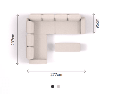 A light beige, modular L-shaped sectional sofa with an accompanying detached ottoman, presented as a 3D render on a white background. The design is contemporary and minimalist, featuring clean lines and simple block forms for the cushions, backrests, and armrests. — 3D model