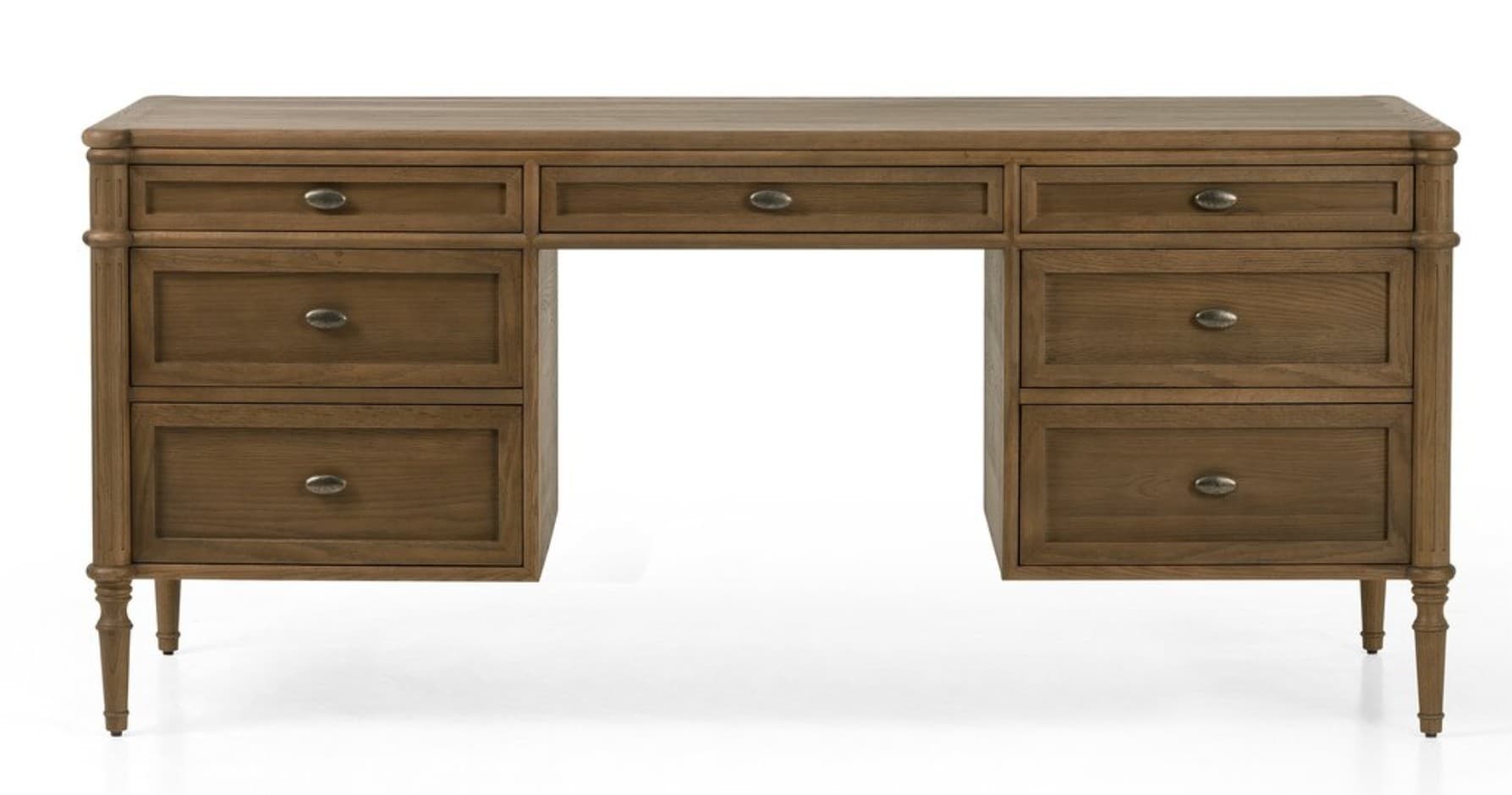 A wooden desk with a rectangular top, featuring seven drawers. Three drawers are positioned across the top, above an open kneehole space. Two stacked drawers are located on the left side, and two more stacked drawers are on the right side. Each drawer has a metallic knob handle. The desk is supported by four turned legs, with the front two legs exhibiting more decorative fluting and tapering. — 3D model