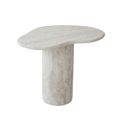 A sculptural coffee table with an organically shaped, irregular top and a single, thick pedestal base. The surface and base exhibit a textured, porous appearance characteristic of travertine stone. — 3D model