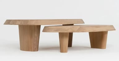 A set of two nesting coffee tables with organic, rounded rectangular tops. The tables are constructed from wood and feature thick, sculpted edges on the tabletops. They are supported by rounded cylindrical legs, with the smaller table fitting partially underneath the larger one. The design exhibits a minimalist and sculptural aesthetic. — 3D model
