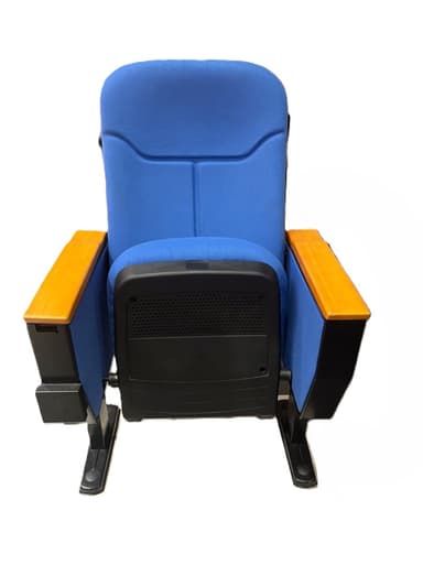 A blue upholstered auditorium chair with wooden armrests and a dark metal pedestal base, designed for fixed public seating. — 3D model