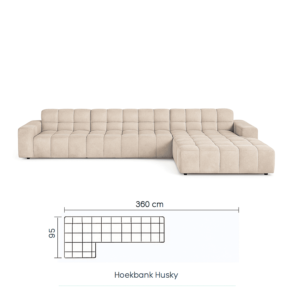 A sectional sofa with a chaise lounge extension. The sofa features a tufted design with a grid pattern on the seat and back cushions. It has a low profile and appears to be upholstered in a fabric material. — 3D model