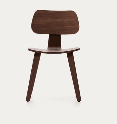 A minimalist, dark brown molded plywood side chair featuring a distinctly curved seat and backrest supported by four splayed, tapered legs. The chair exhibits a seamless, organic form typical of mid-century modern design. — 3D model