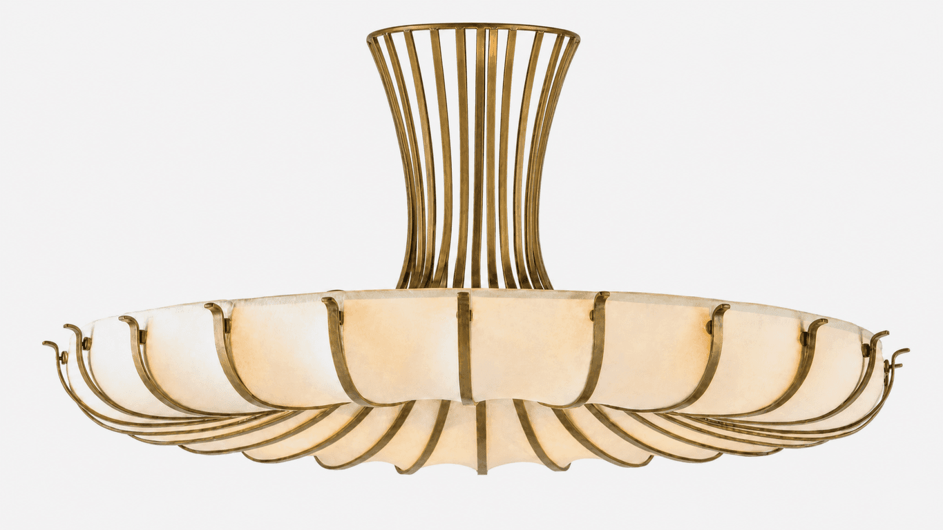 A vintage French Art Deco chandelier featuring a tiered design crafted from alabaster panels and a patinated brass frame. The upper section of the chandelier has a fluted brass stem that fans out into a wide, tiered structure. Each tier is composed of curved alabaster panels, meticulously held in place by delicate brass supports that create a scalloped effect. The overall form evokes a sense of organic movement, reminiscent of blooming petals or flowing drapery, a hallmark of the Art Deco movement's embrace of natural forms and luxurious materials. — 3D model