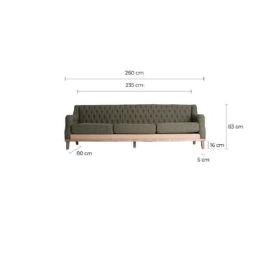 A three-seater sofa with a tufted backrest and seat cushions. The sofa features a prominent wooden frame with visible grain and detailing, supporting the upholstered seating area. The upholstery appears to be a textured fabric in a muted green hue. — 3D model