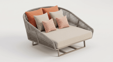 A contemporary daybed constructed with a woven rope frame and a metal base. It features a plush, light-colored cushion and several decorative pillows in coral and beige tones. The design suggests suitability for outdoor or modern indoor use. — 3D model