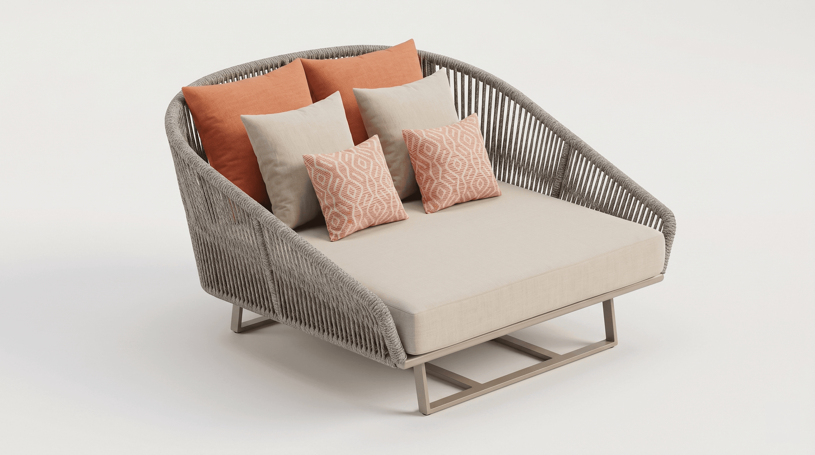 A contemporary daybed constructed with a woven rope frame and a metal base. It features a plush, light-colored cushion and several decorative pillows in coral and beige tones. The design suggests suitability for outdoor or modern indoor use. — 3D model