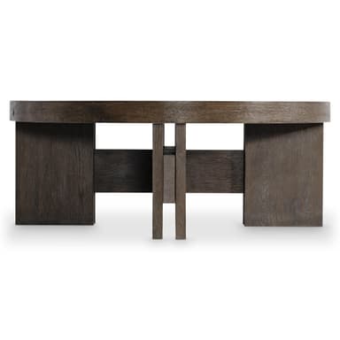 A dark wood console table with a rectangular top and two solid block legs connected by a horizontal support. A central vertical support element is visible. — 3D model