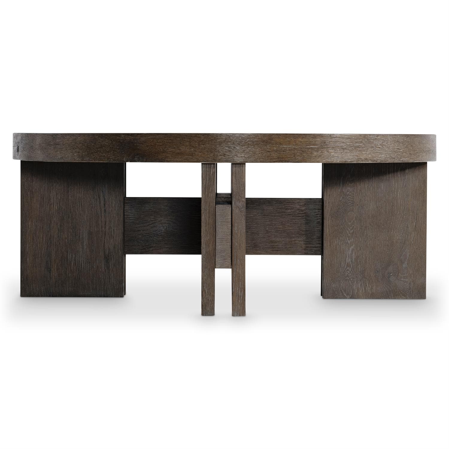 A dark wood console table with a rectangular top and two solid block legs connected by a horizontal support. A central vertical support element is visible. — 3D model
