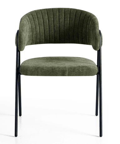 A modern accent chair featuring a curved backrest and seat upholstered in a textured green fabric. The chair has a metal frame with four slender legs in a matte black finish. The backrest exhibits vertical channel tufting. — 3D model