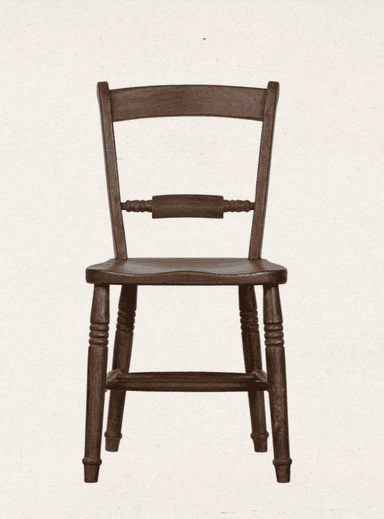 A traditional dark brown wooden chair featuring a simple, sturdy design. It has turned front legs and a straight, slightly curved backrest with a single decorative spindle element. The seat is solid and shaped for comfort. — 3D model