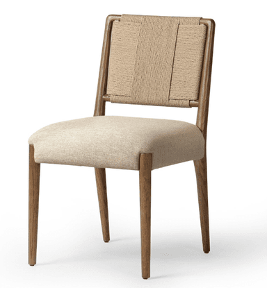 A contemporary dining chair featuring a solid wood frame, a natural woven rope backrest, and an upholstered fabric seat. — 3D model
