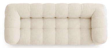 A modern three-seater sofa upholstered in a creamy, off-white boucle fabric. The sofa features a distinctive tufted design, creating a plush, segmented appearance across the backrest, seat, and arms. It has low, rounded arms and a solid, block-style base in black or dark brown, providing a contemporary aesthetic. — 3D model