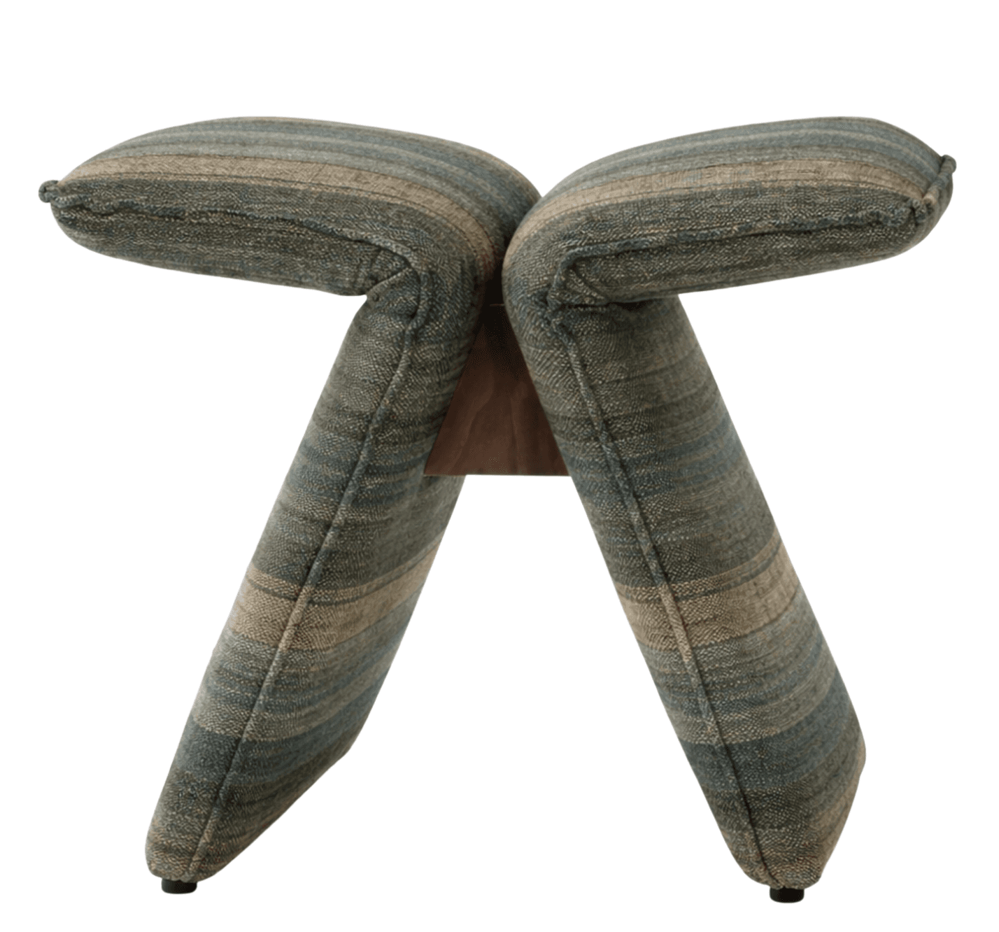 A uniquely designed stool with two upholstered, bifurcated legs that meet at a central wooden support. The upholstery features a textured striped pattern in shades of blue-green and brown. — 3D model