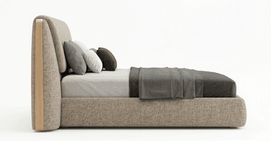 A modern upholstered platform bed featuring a low-profile frame and a distinctive, sculptural curved headboard, all covered in a textured light beige fabric. The bed is presented with dark grey bedding and assorted pillows. — 3D model
