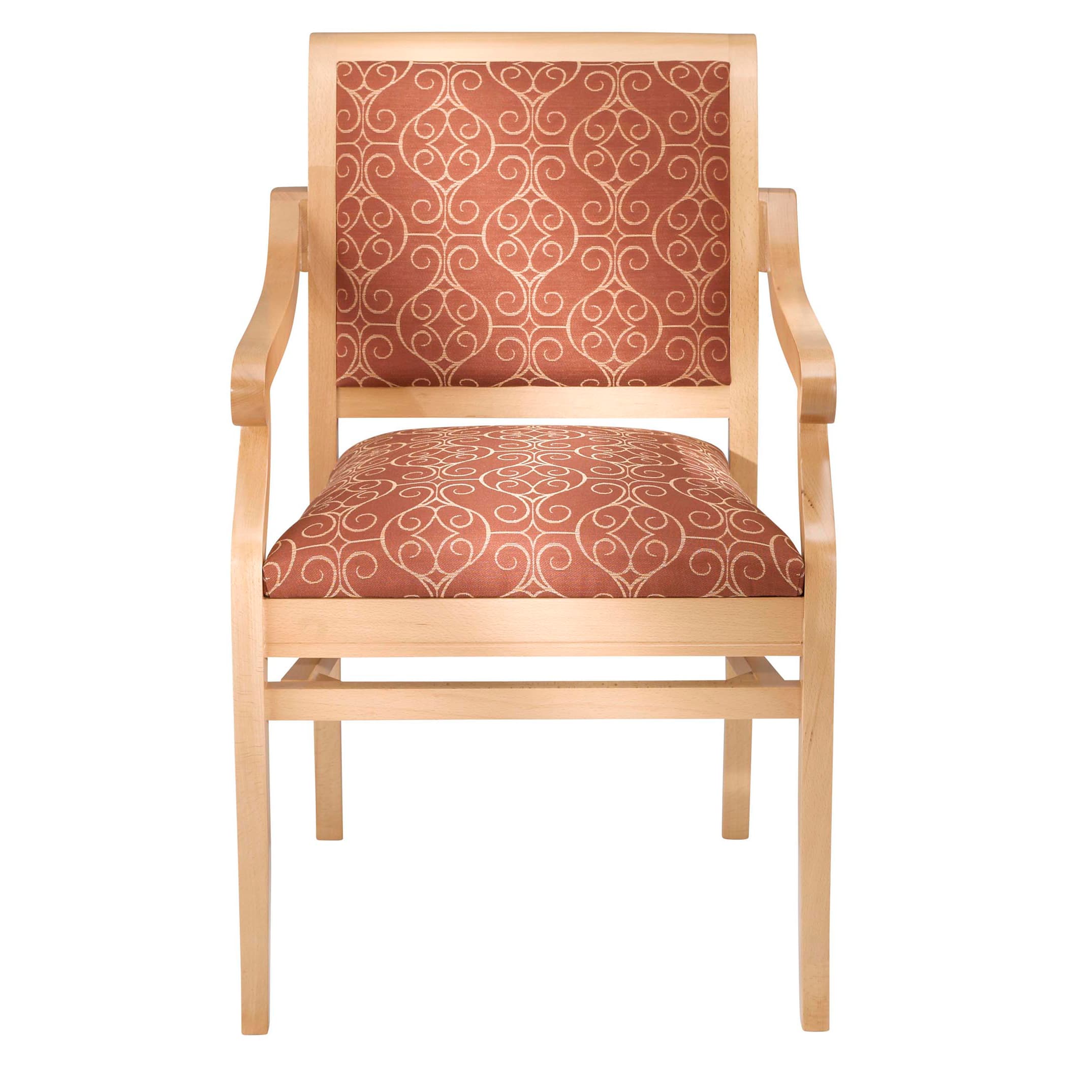 A wooden armchair featuring a light-toned frame and upholstered seat and backrest. The upholstery is a reddish-orange fabric with an intricate, light-colored swirl pattern. The chair has straight legs, connecting stretchers, and gently curved, open armrests. — 3D model