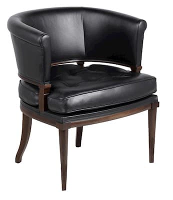 A barrel-back armchair featuring black leather upholstery and an exposed dark wood frame. The chair has a rounded back and integrated arms, with a tufted seat cushion. The wooden frame is visible along the base of the seat and forms the legs. — 3D model