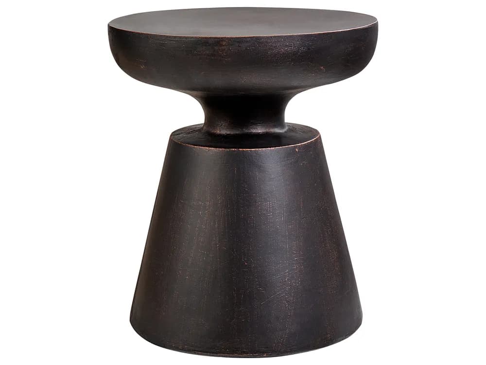 A dark, conical side table with a rounded top and a central, hourglass-shaped support. The base flares outwards, creating a stable foundation. The surface exhibits a distressed or antiqued finish. — 3D model