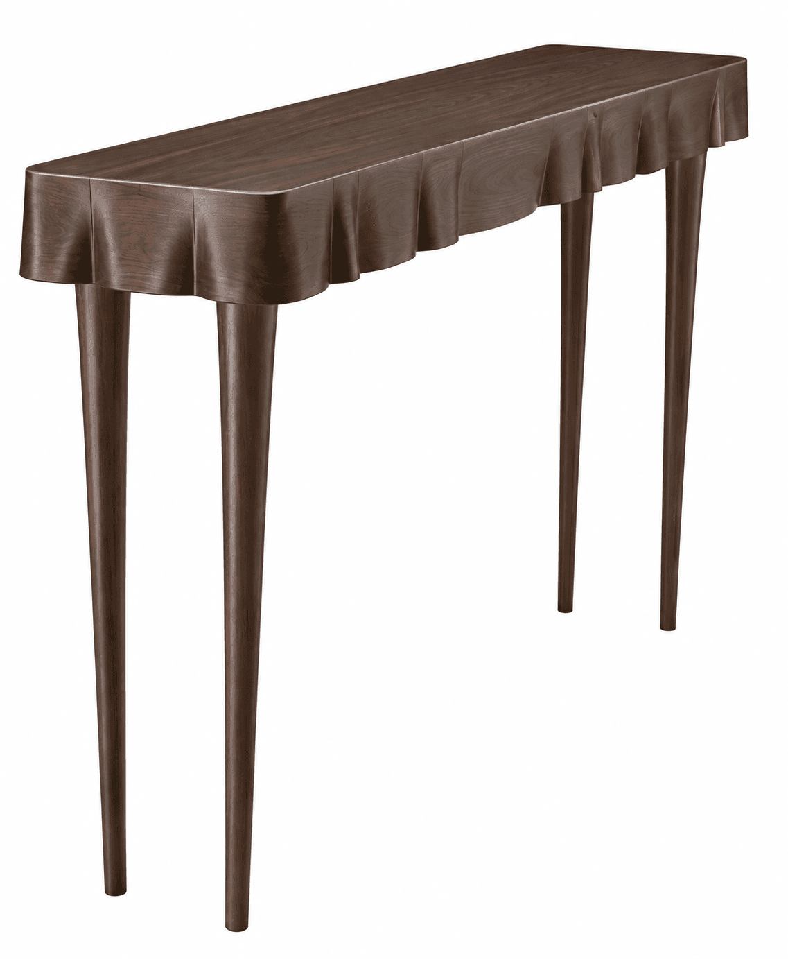 A narrow, rectangular console table made of dark wood, featuring a unique sculpted apron that mimics draped fabric and is supported by four slender, tapered legs. — 3D model