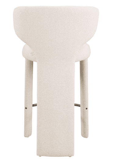 A contemporary upholstered bar stool with a distinctive curved backrest and a dark metal footrest, covered in a cream-colored textured fabric. — 3D model