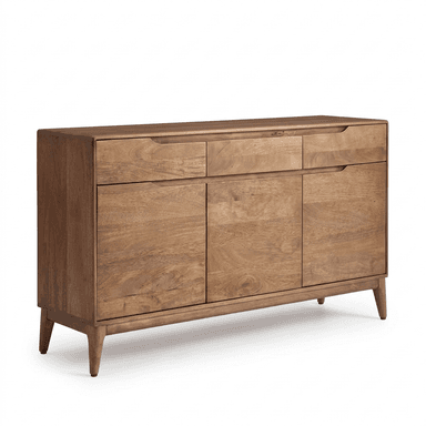 A wooden sideboard with a rectangular top, featuring three drawers across the top row and three cabinet doors below. The drawers and doors have integrated handles formed by a carved recess along the top edge. The piece is supported by four tapered legs that angle outwards. — 3D model