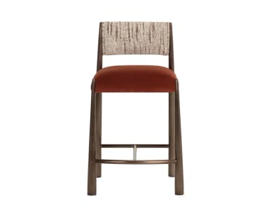 A modern bar stool with a tall backrest and a cushioned seat. The frame is constructed from metal with a brushed finish. The seat is upholstered in a dark rust-colored velvet fabric. The backrest features a distinct textile pattern in light beige and brown tones. — 3D model