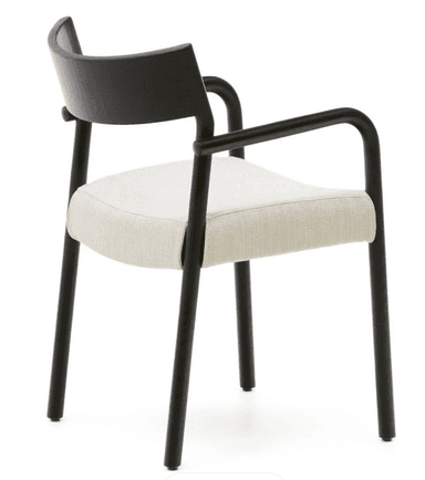 A contemporary armchair featuring a matte black tubular frame with integrated armrests and legs. The seat is an off-white or light beige upholstered cushion, and the backrest is a curved, solid black piece, possibly wood or molded plastic, attached to the rear legs. — 3D model