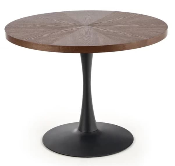 A contemporary round dining or bistro table featuring a dark wood veneer top with a distinctive starburst pattern. The tabletop rests on a sleek, tapered matte black metal pedestal base, characteristic of mid-century modern design. The base flares out into a stable circular foot. — 3D model
