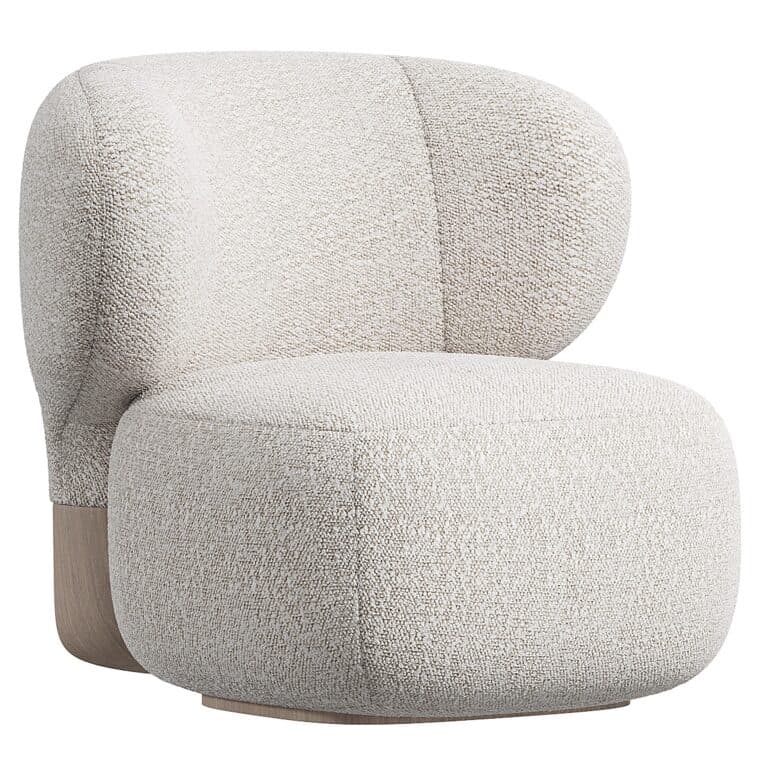 A modern, armless chair characterized by its rounded, organic forms and plush upholstery. The chair features a low-profile backrest that seamlessly integrates with the seat, both thickly padded and covered in a light-colored, textured fabric. It rests on a discreet, recessed wooden base. — 3D model