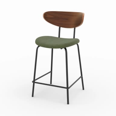 A bar stool with a curved wooden backrest and a green upholstered seat, supported by a black metal frame with footrests. — 3D model