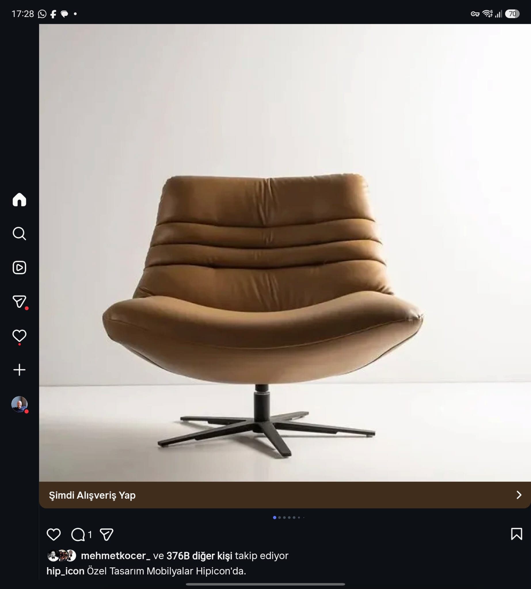 An armless lounge chair with a tan/camel upholstered finish, featuring a scooped seat and backrest. The backrest has three horizontal stitched channels. The chair is supported by a black metal swivel base with four low-profile legs. — 3D model