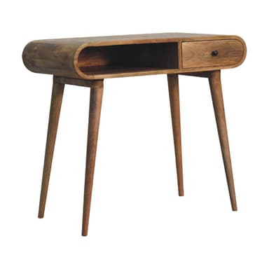 A narrow console table with a curved front edge and tapered legs. It appears to have a single drawer integrated into the top surface, indicated by a slight recess or handle. The design suggests a mid-century modern aesthetic. — 3D model