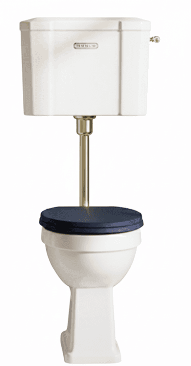 A traditional close-coupled toilet with a high-level cistern. The cistern is white ceramic with a rectangular shape and a lever mechanism on the side. It is connected to the toilet bowl via a brass pipe. The toilet bowl is also white ceramic with a classic pedestal design. It features a dark blue toilet seat. — 3D model