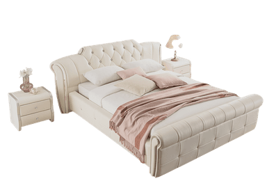 A cream-colored upholstered sleigh bed featuring a high, deeply tufted headboard with crystal-like button accents. The footboard and side rails are also upholstered and exhibit a rolled, sleigh-style design with channel tufting on the footboard. The bed is presented with a mattress, pillows, and a throw blanket, indicating its functional use. — 3D model