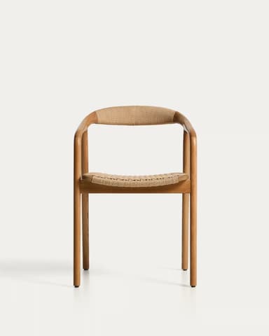 A modern dining chair with a curved backrest and a woven seat. The frame is constructed from light-colored wood, possibly oak, with a natural finish. The seat and backrest are made of a tightly woven natural fiber material, likely rattan or a similar cane, giving it a textured appearance. The chair has four legs, with the front legs being straight and the back legs appearing to extend upwards to form the chair's arms and support the backrest. The design is minimalist and ergonomic, emphasizing natural materials and clean lines. — 3D model