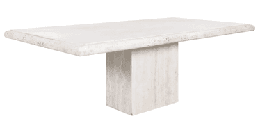 A rectangular dining table with a thick, flat top and a single, substantial pedestal base. The edges of the tabletop are rounded. The material appears to be travertine, characterized by its porous texture and natural veining. — 3D model
